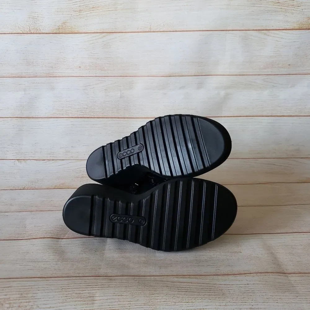 ECCO Freja Wedge Leather Sandal Bootie Ankle Boot Open Toe Laser Cut Black
